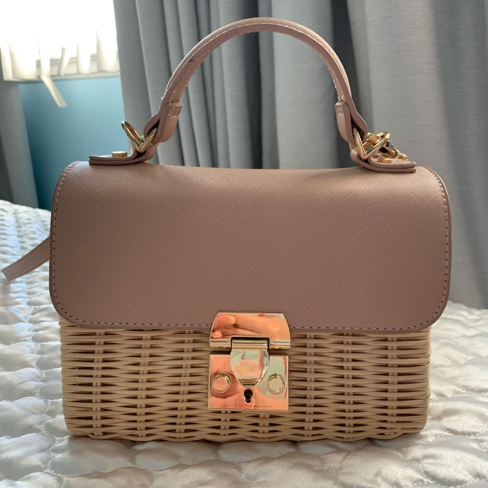 Madison West Small Pink Rattan Crossbody Bag